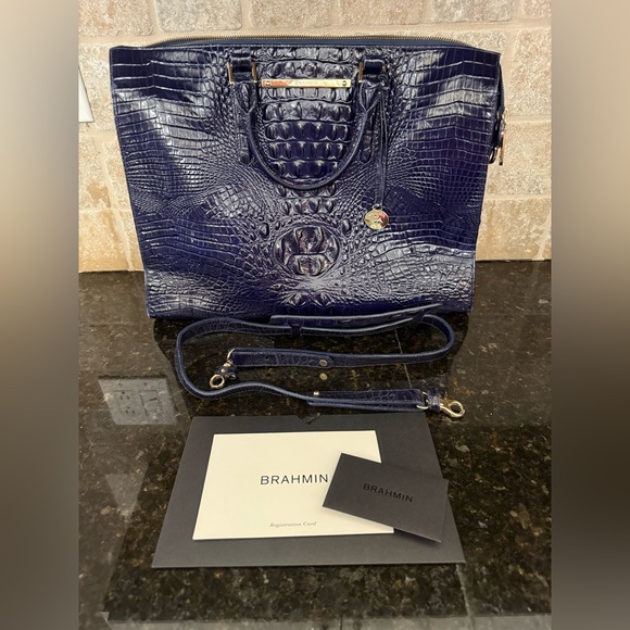Brahmin Business Tote Croc Ink Navy Brief Case Leather Travel Work Bag‎ EUC